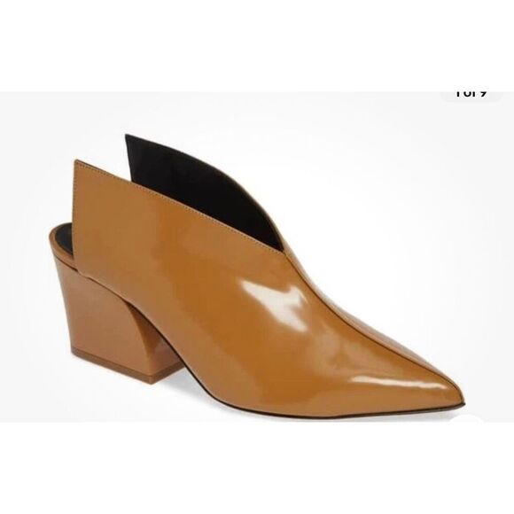 Tibi Owen Winged Leather Mule Brown Tan Patent Leather Heels Boot - Picture 1 of 7